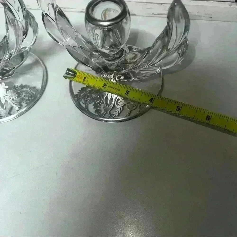 Vintage elegant art deco silver overlay glass candle holders